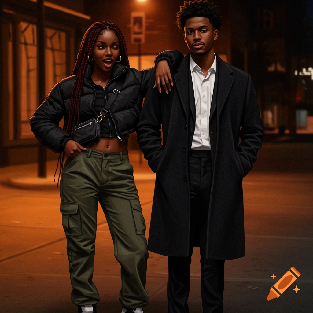 A stylish Black couple standing on a city street at night, illuminated by streetlights. The woman wears a puffer jacket and cargo pants, the man a long wool coat.