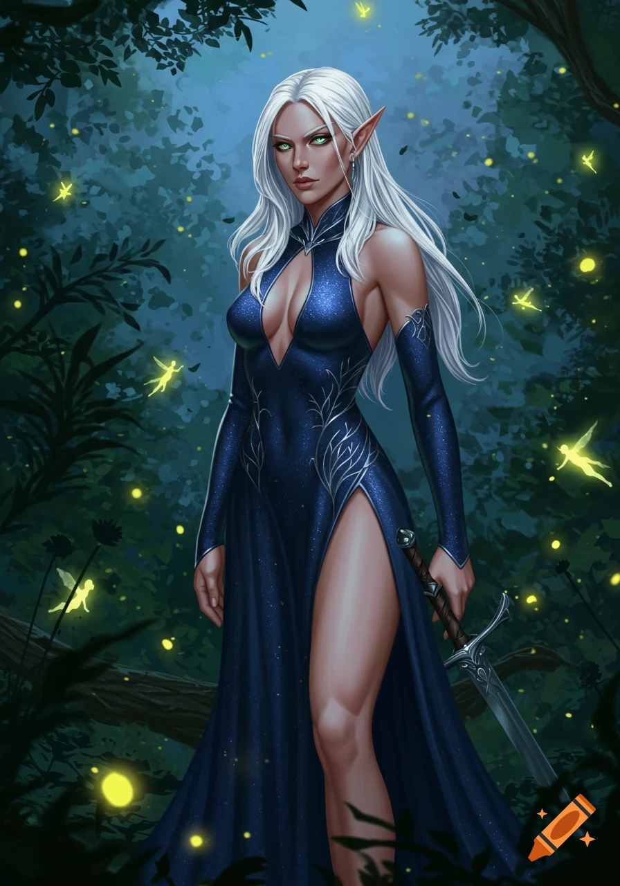 White-haired elf maiden in a blue, slit dress holding a sword in a moonlit forest with fireflies. Fantasy art style.