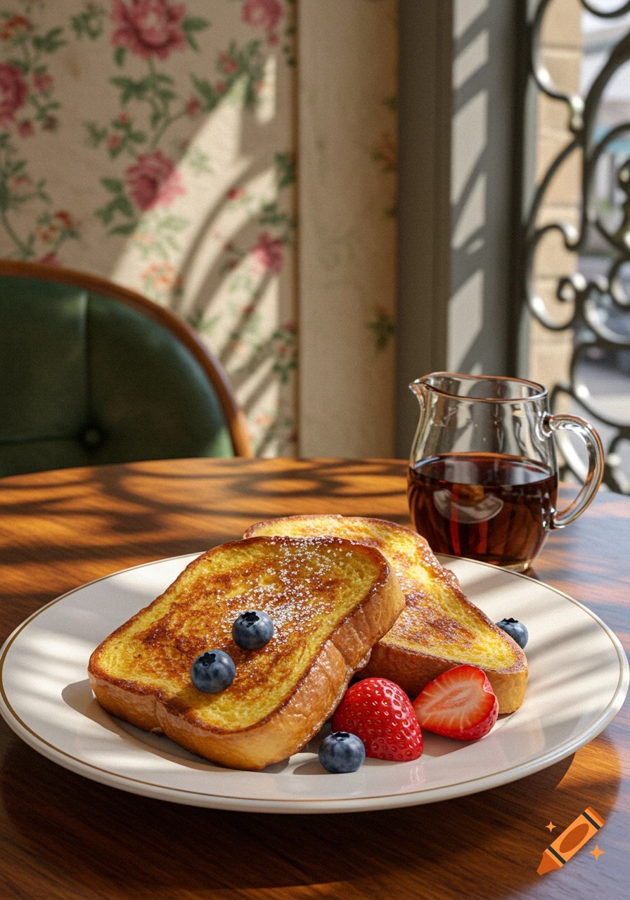 Photorealistic image of French toast with powdered sugar, blueberries, strawberries, and syrup on a plate in a sunny cafe.