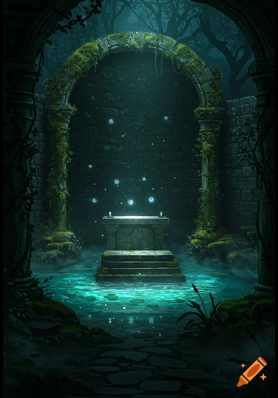 Mystical stone ruins with a moss-covered archway and a glowing altar in a shimmering pool, surrounded by a dark forest.