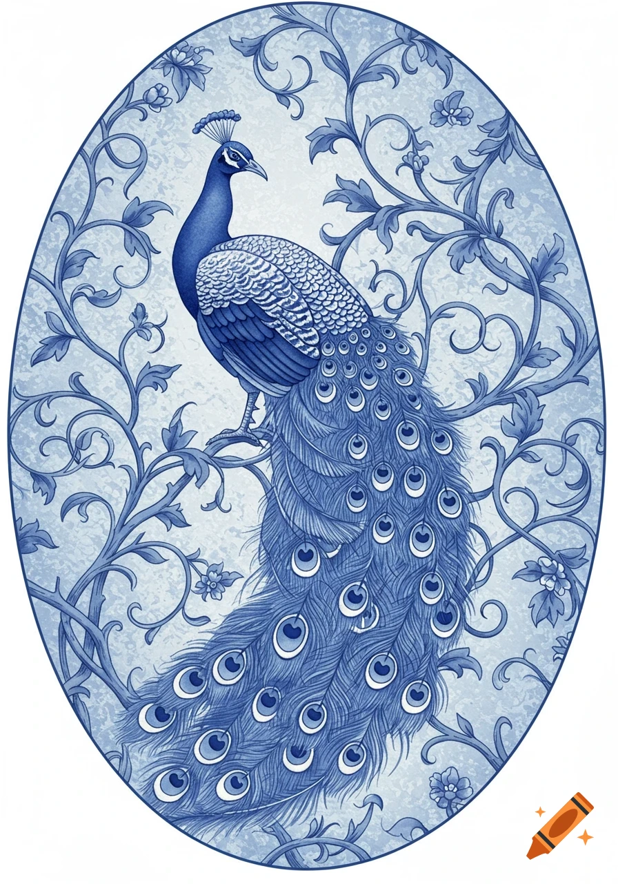 A blue and white chinoiserie illustration in an oval portrait of a peacock surrounded by stylistic vines.