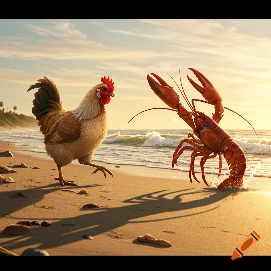 A chicken and a lobster face off on a sandy beach with ocean waves at sunset.