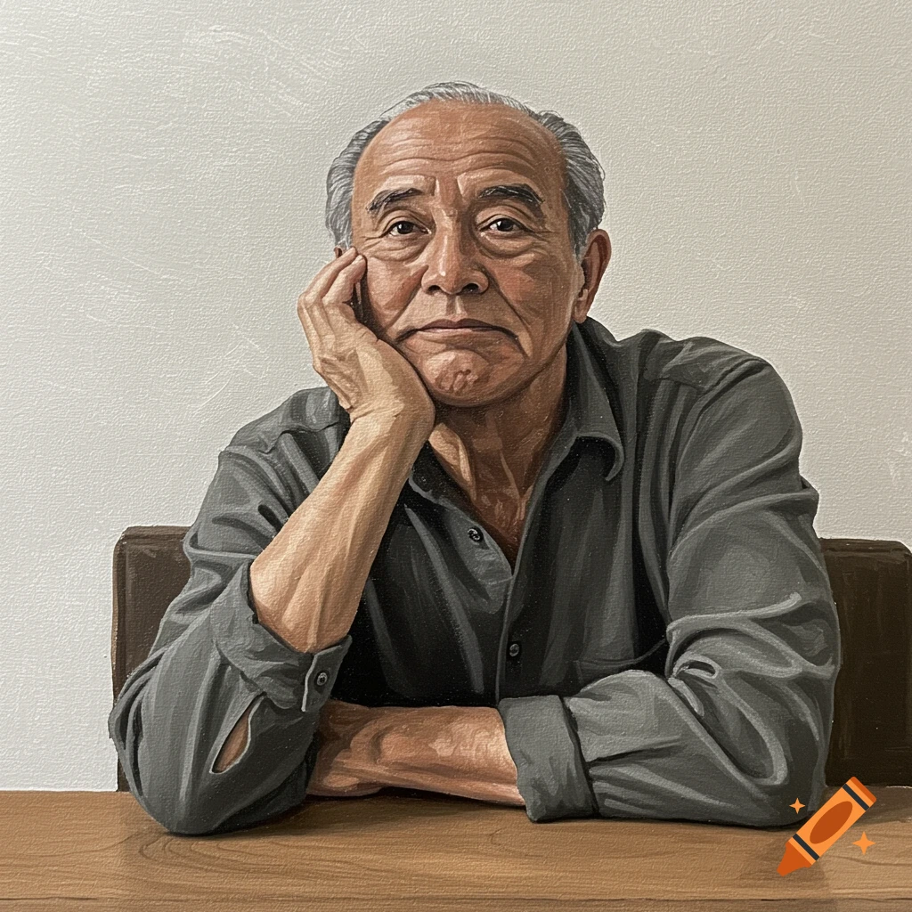 A stylized portrait painting of an elderly man with gray hair, resting his head on his hand while sitting at a wooden table.
