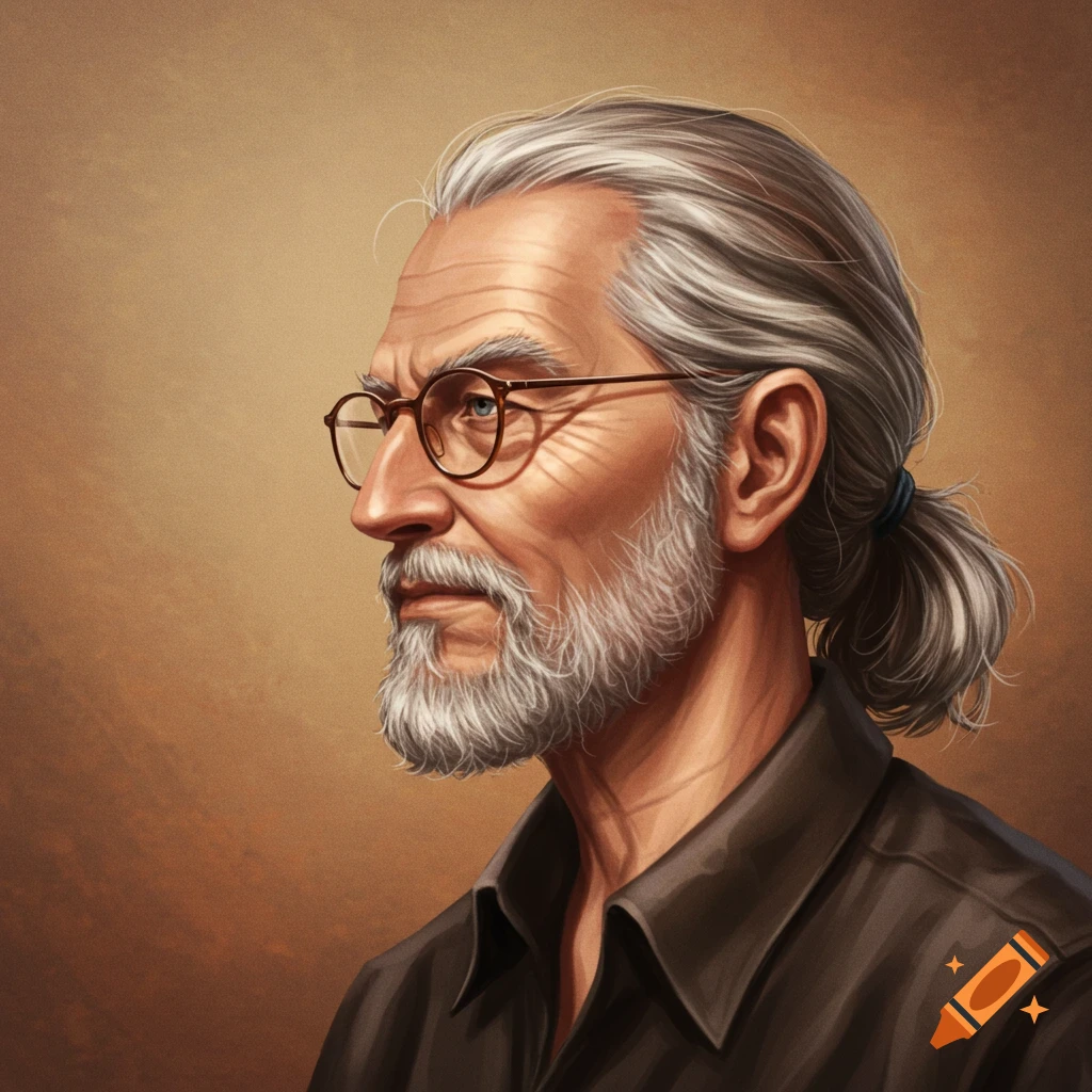 A detailed digital painting of an older man with gray hair in a ponytail, a goatee, and glasses, viewed in profile.