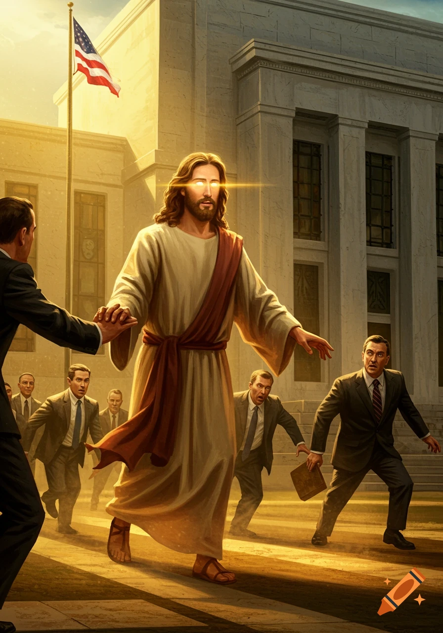 Jesus with glowing eyes confronts startled men in suits outside a grand building with an American flag, in a dramatic, realistic style.