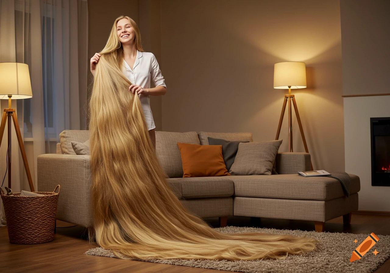 A smiling woman with incredibly long, thick blonde hair flowing across a living room floor and couch, in a photorealistic style.
