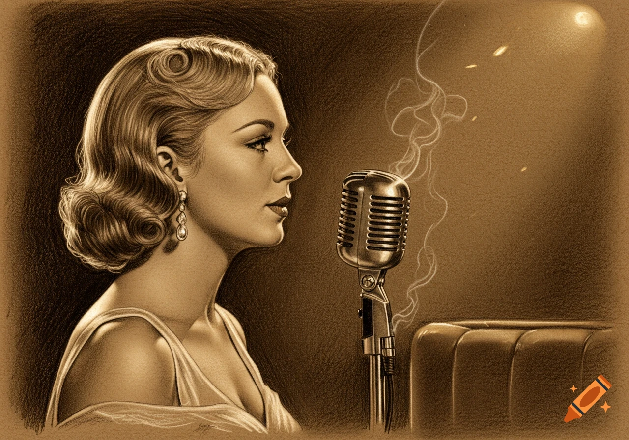 Vintage sepia drawing of a woman with wavy hair and pearl earrings singing into a 1950s-style microphone.