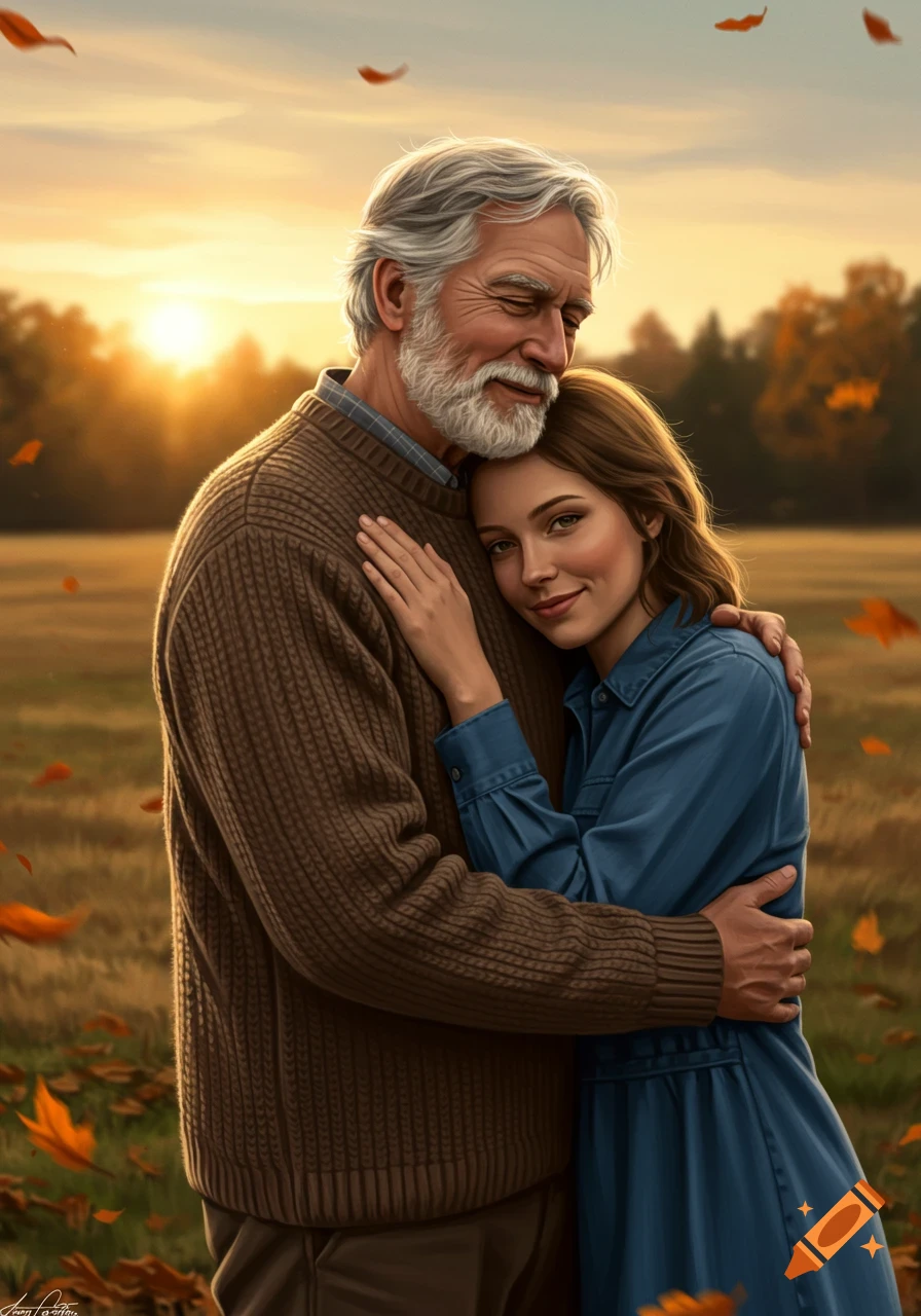 A heartwarming portrait of an old father hugging his grown daughter in an autumn field at sunset.