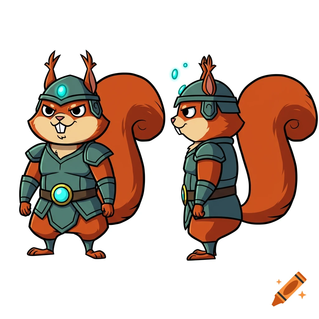 A cartoon red squirrel warrior in mystical armor and helmet, shown in front and side view, on a white background.