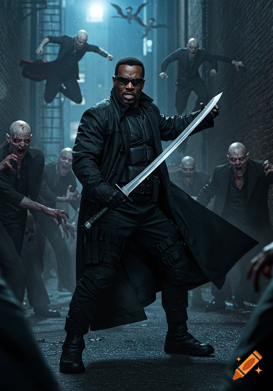 Photorealistic image of Marvel's Blade in a black trench coat, holding a sword, surrounded by a horde of red-eyed vampires in a dark alley.