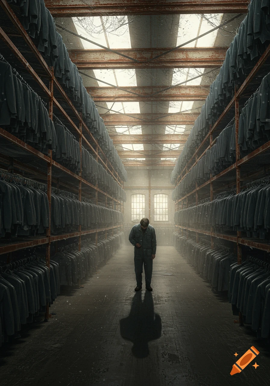 A man stands in a vast, dimly lit, run-down warehouse filled with racks of identical clothes, with light streaming through dusty windows.