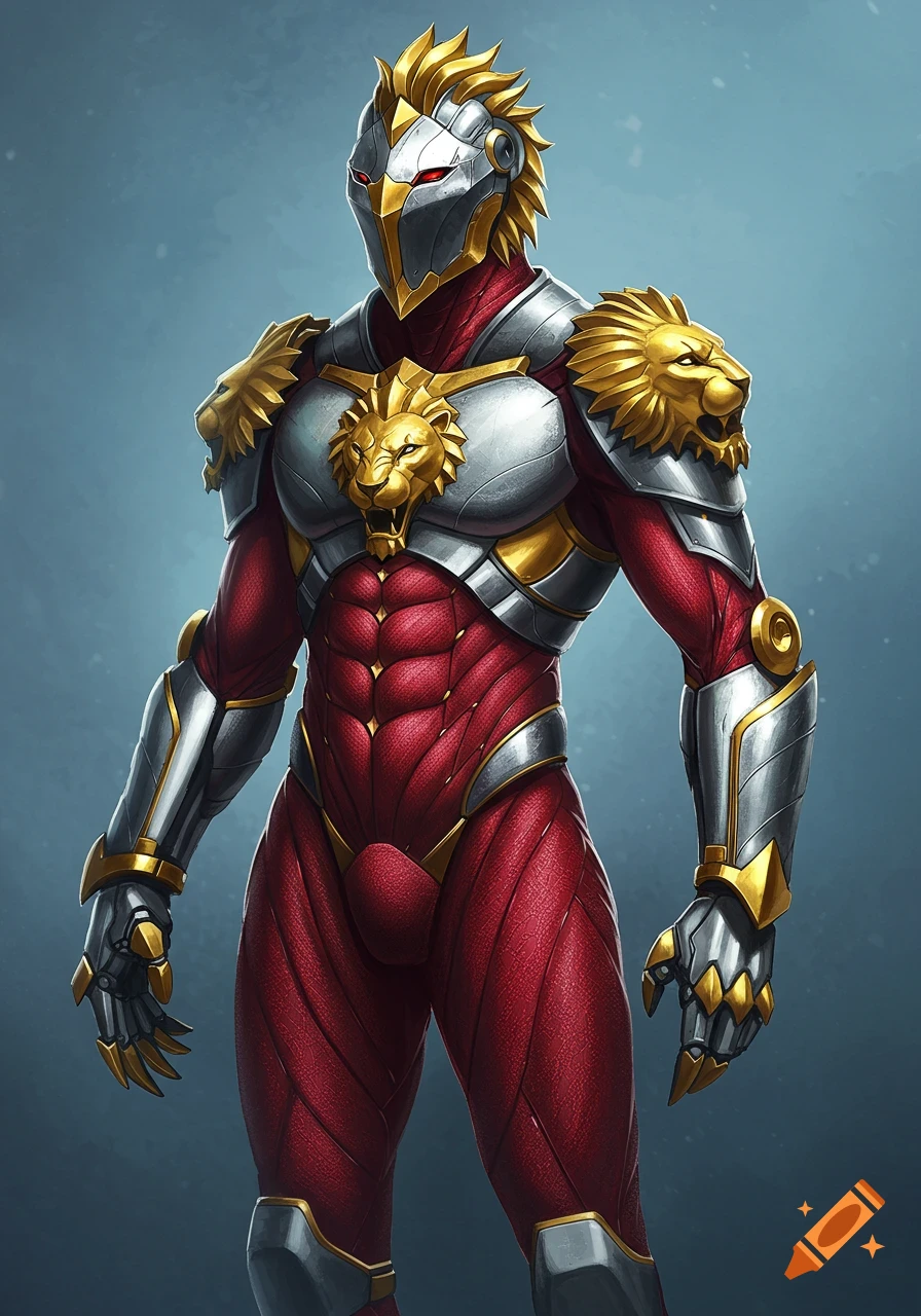 A superhero in red and silver armor with golden lion emblems, a spiky helmet, and glowing red eyes.