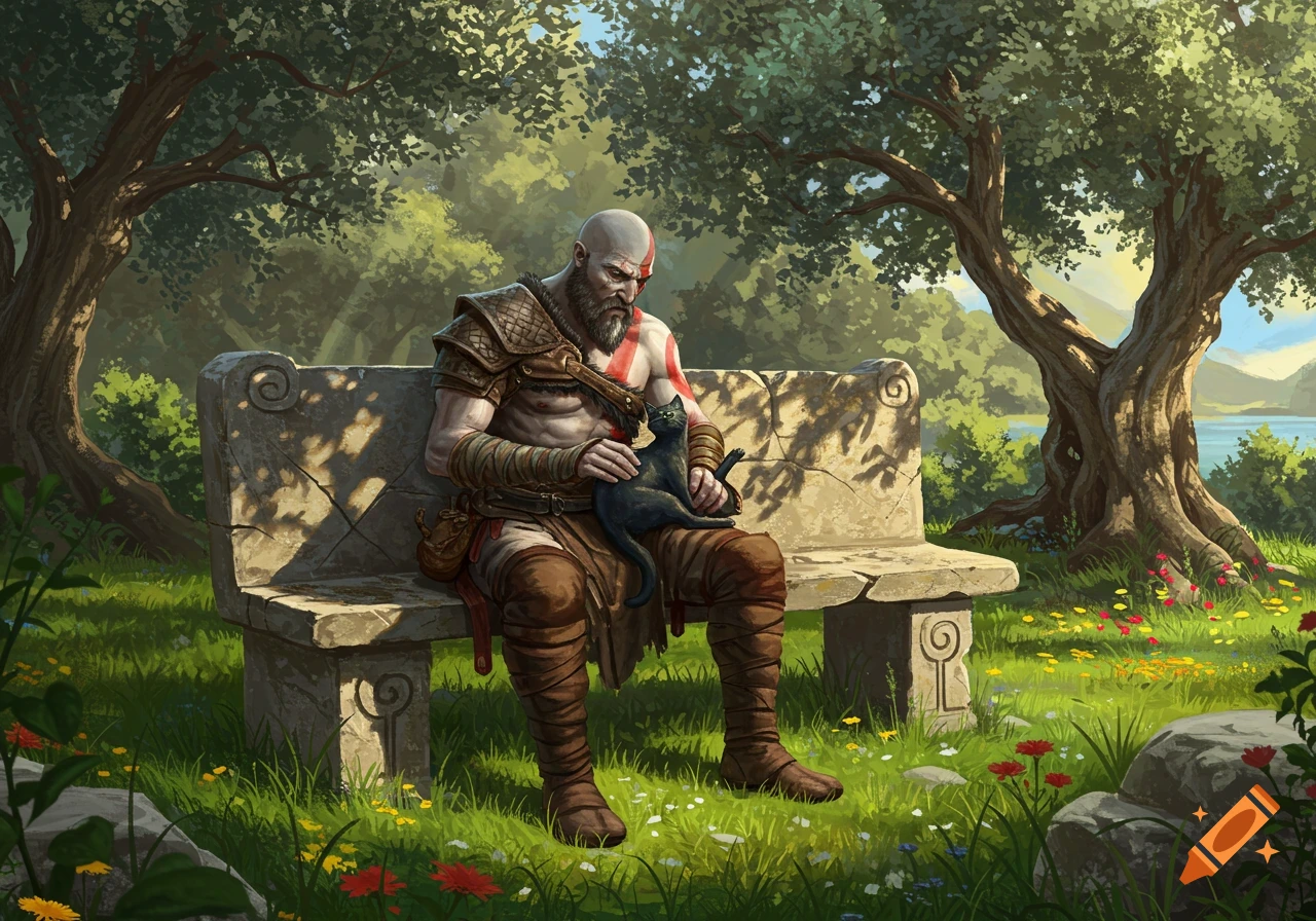 Kratos, the bald, bearded Spartan warrior, sits on a stone bench in a sunny forest clearing, gently petting a black cat. Detailed illustration.