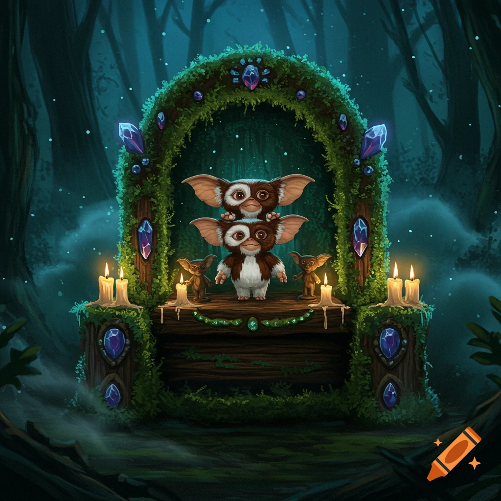 Illustration of two Gizmo-like gremlins on a mossy shrine with crystals and candles in a dark forest.