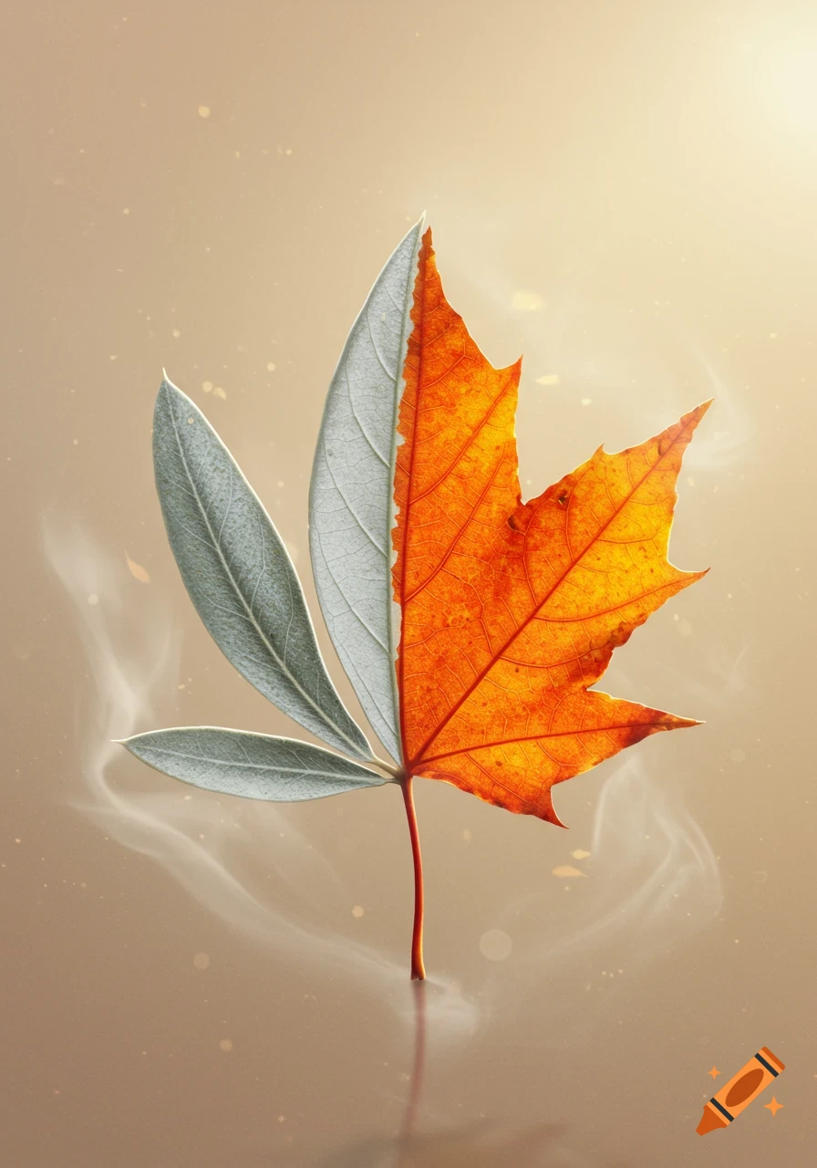 A single leaf, half elongated and grey-green like an olive leaf, and half jagged and orange like a maple leaf, against a warm, light brown background with subtle wisps and particles.