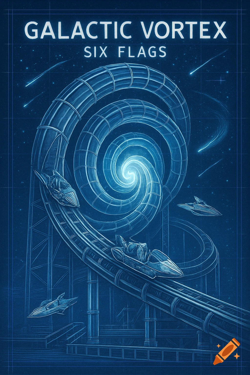 Blueprint of a blue 'Galactic Vortex' roller coaster for Six Flags, with space shuttles on tracks leading to a central glowing vortex.