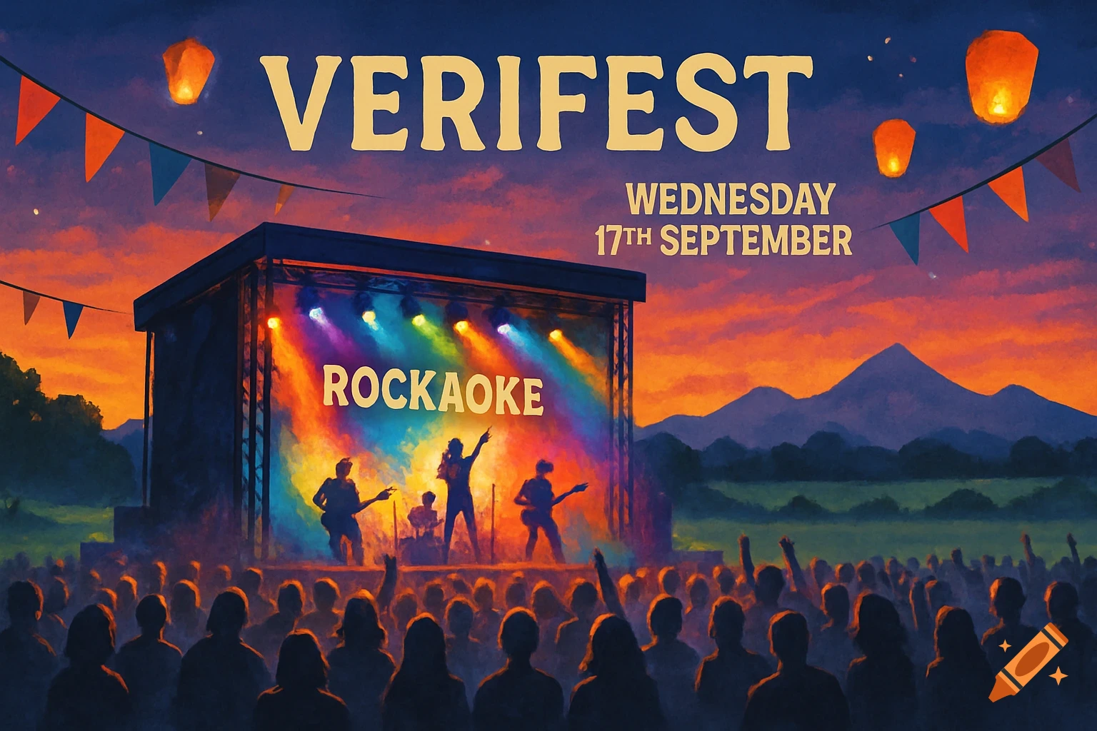 A vibrant, painterly illustration of an outdoor music festival at sunset. A band plays on stage with "ROCKAOKE" displayed, under a banner reading "VERIFEST WEDNESDAY 17TH SEPTEMBER". A large crowd watches.