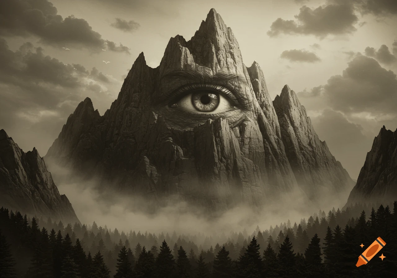 A sepia-toned surreal mountain landscape with a large, realistic human eye embedded in the central peak, surrounded by mist and pine trees.