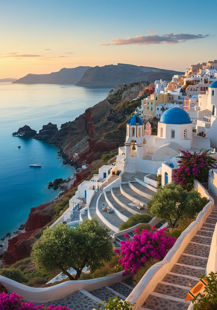 Photorealistic image of a Greek village with white buildings, blue domes, and magenta bougainvillea on a cliff overlooking the sea at sunset.
