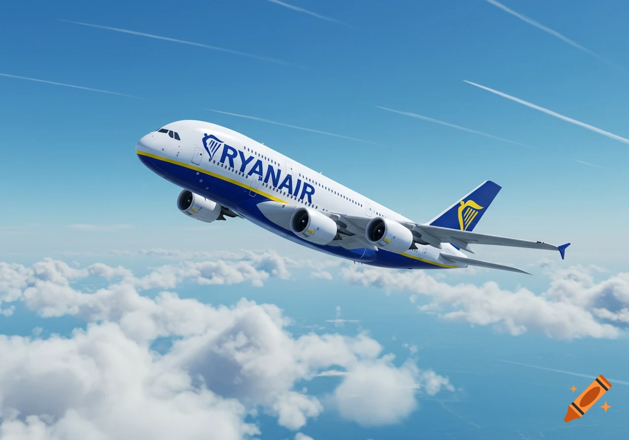 A photorealistic Ryanair A380 airplane flies high in a blue sky above white clouds, with contrails visible.