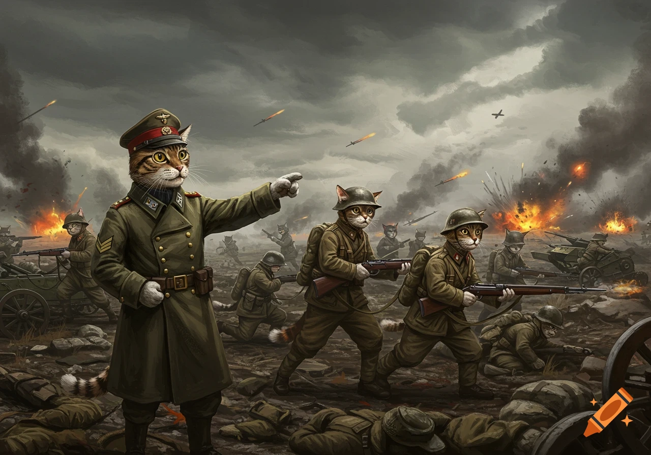 An anthropomorphic cat officer leads cat soldiers in a World War 2 battle amidst explosions and smoke.