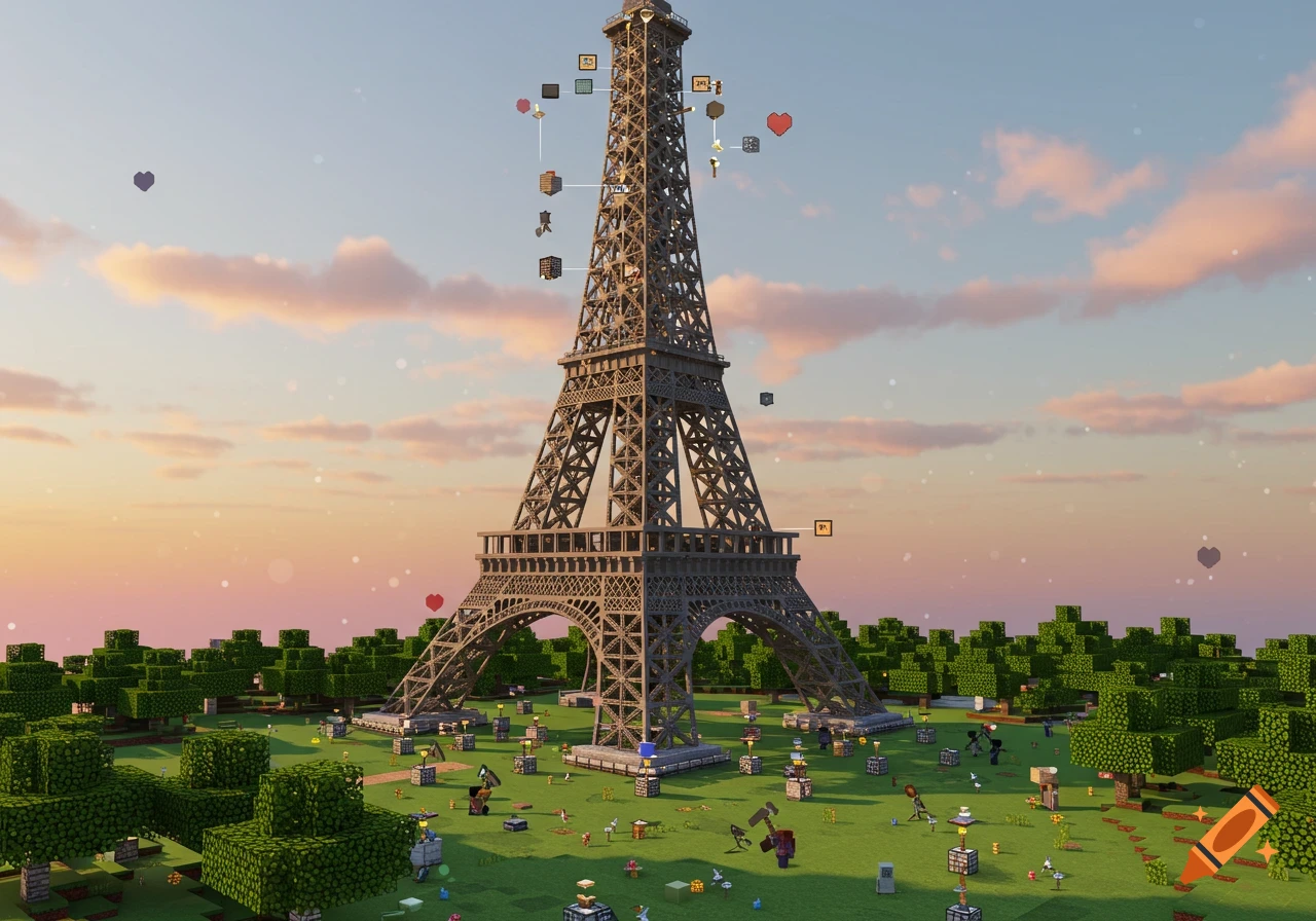 A blocky, Minecraft-style Eiffel Tower stands in a green landscape with pixelated trees and floating items under a sunset sky.