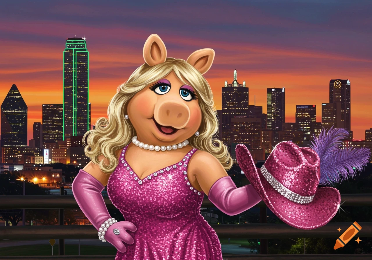 Miss Piggy in a sparkly pink dress and long gloves, holding a matching cowboy hat, against a Dallas city skyline at sunset.