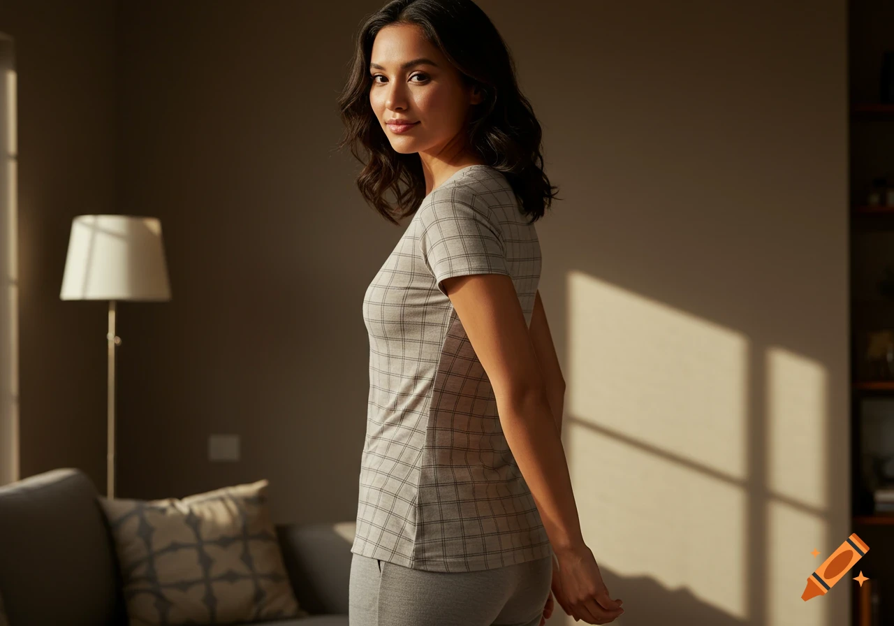 A woman in a grey plaid top and pants stands in a sunlit living room, looking over her shoulder with a slight smile. Photorealistic.