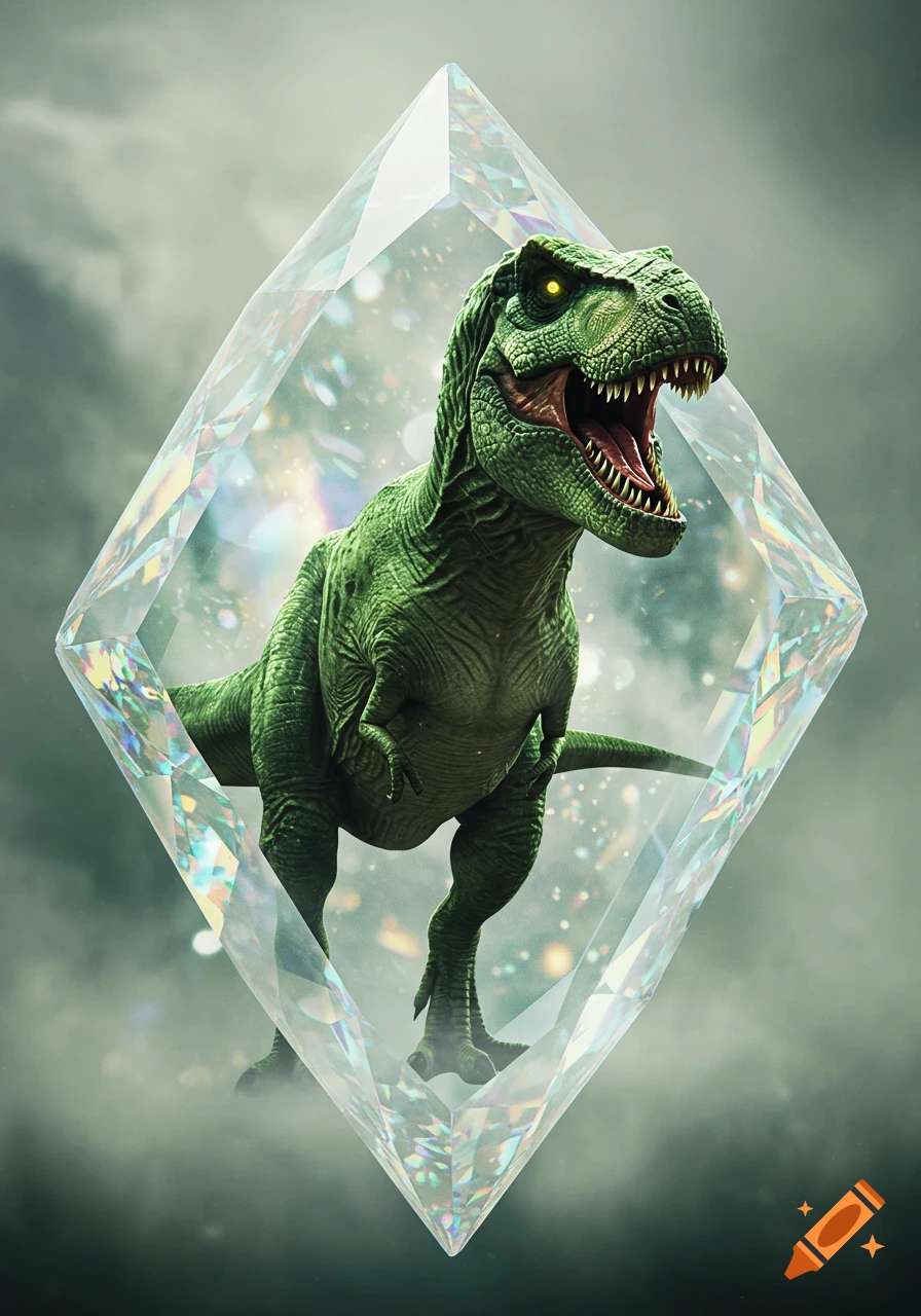 A photorealistic green T-Rex roars inside a sparkling, faceted diamond against a cloudy, atmospheric background.