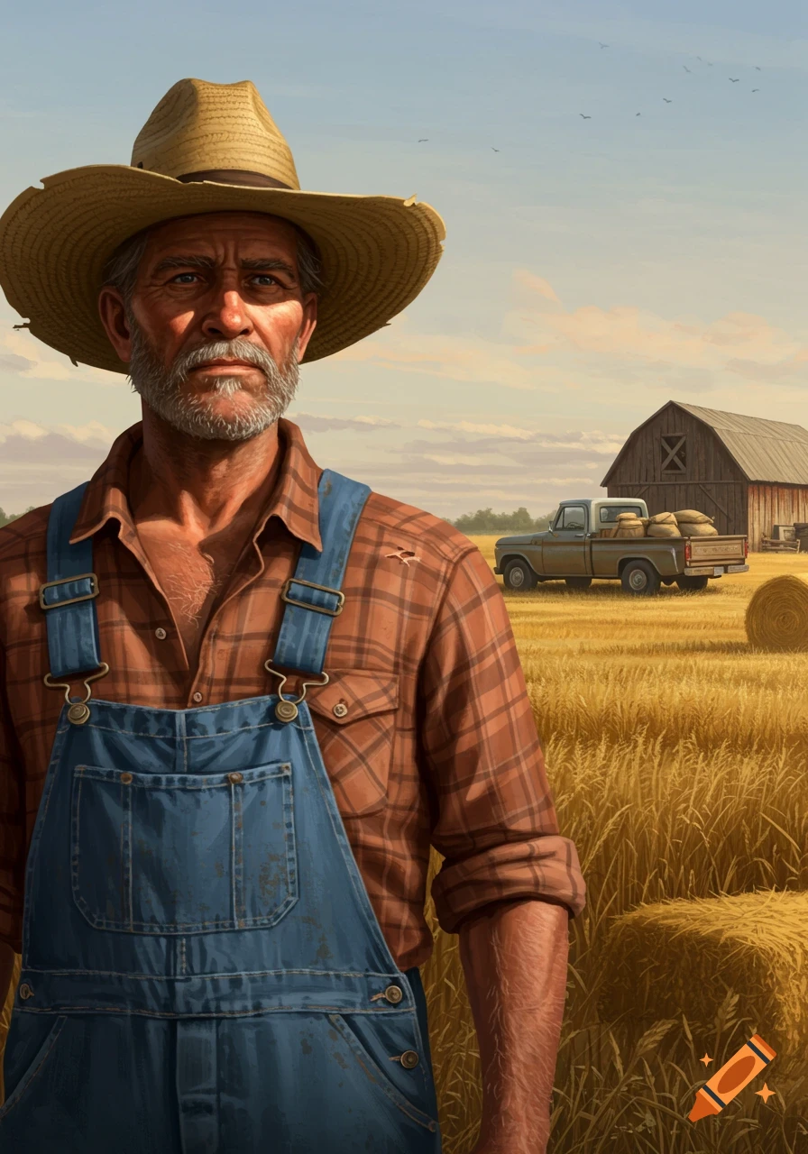 Realistic portrait of an older farmer with a grey beard, wearing a straw hat and overalls, standing in a golden wheat field with a barn and truck.