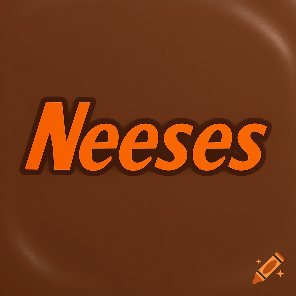 Orange and brown 'Neeses' logo on a textured brown background, resembling a candy wrapper.