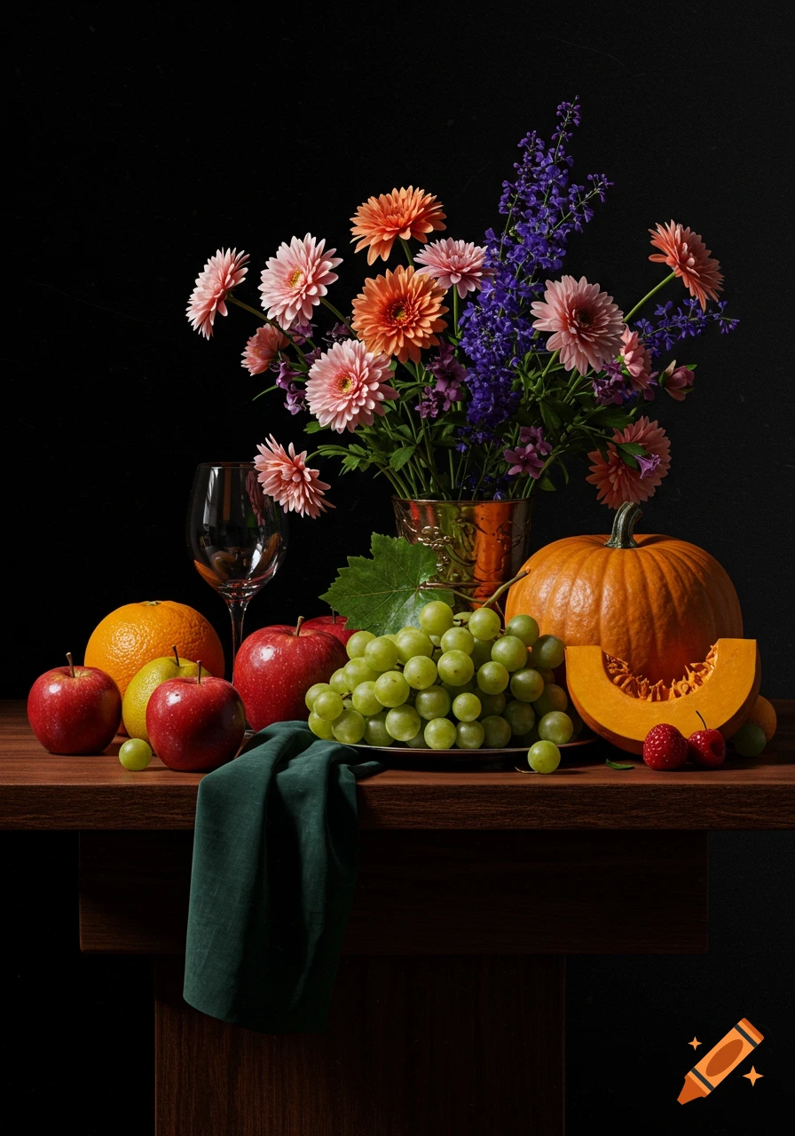 A photorealistic still life of flowers, apples, oranges, grapes, and a pumpkin arranged on a dark wooden table.