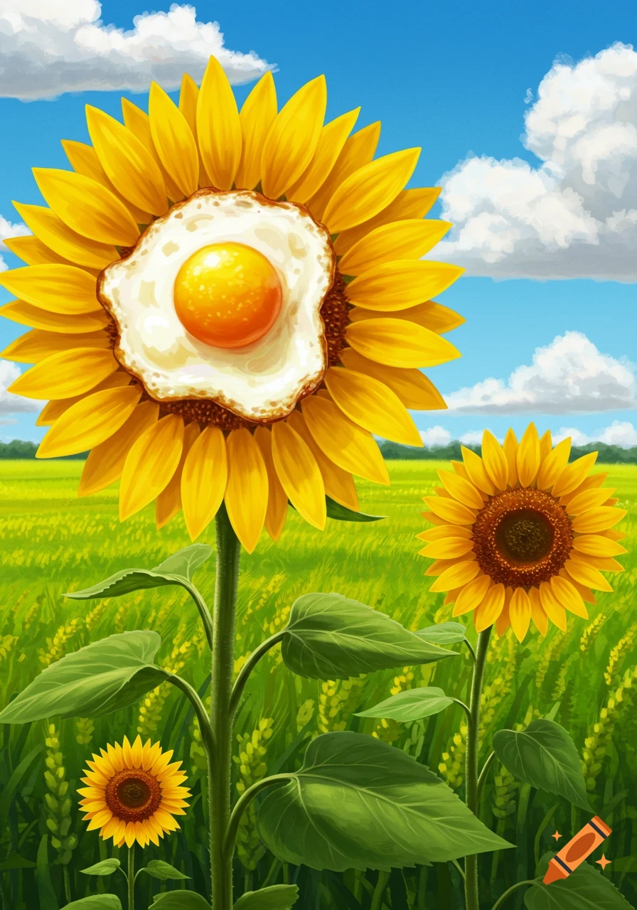 Whimsical illustration of a giant sunflower with a fried egg as its center, towering over a green field with other sunflowers under a blue sky.