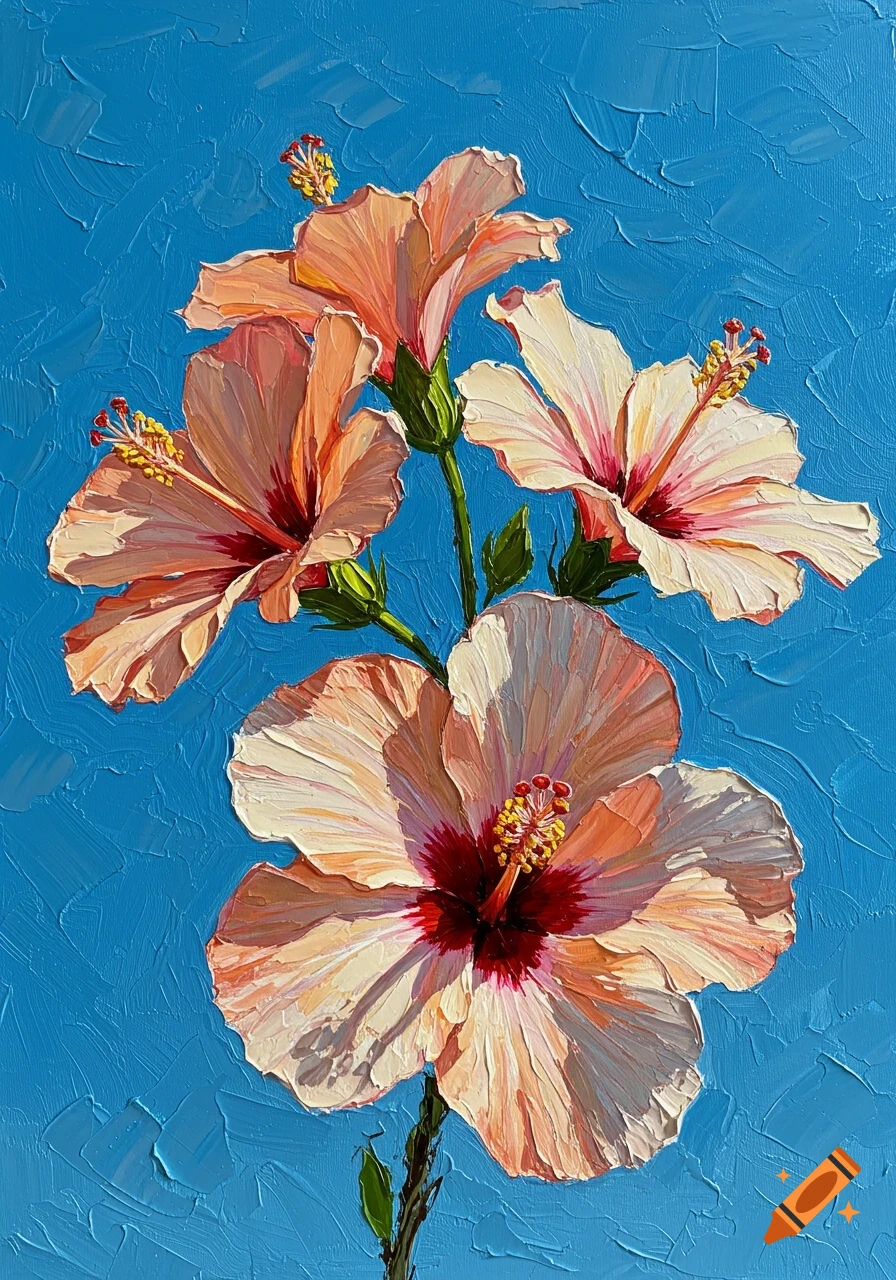 Oil painting of peach and white hibiscus flowers with textured brushstrokes against a cerulean blue background.