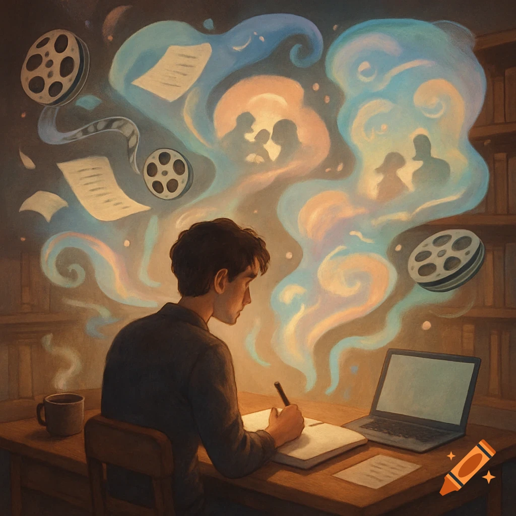An illustration of a man writing at a desk with a laptop and coffee, with ethereal clouds showing film reels, papers, and silhouetted figures.