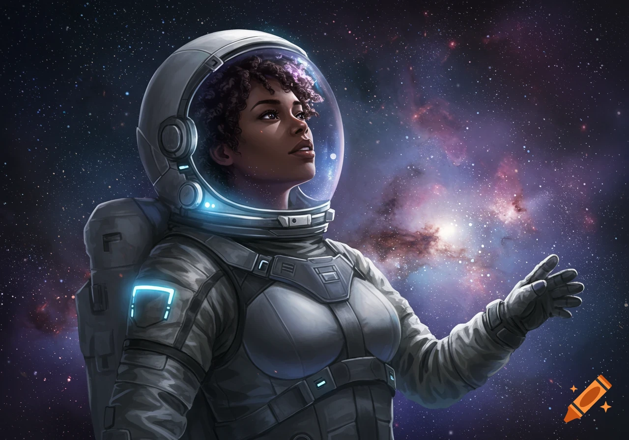 A Black woman astronaut with curly hair in a futuristic suit looking up at a vibrant starry galaxy.