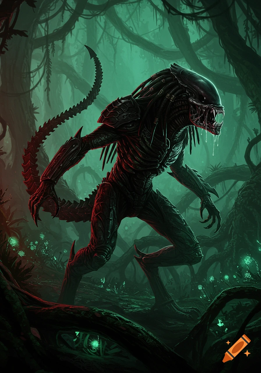 A menacing Predalien creature with sharp teeth and drool, stands in a dark, glowing green jungle.