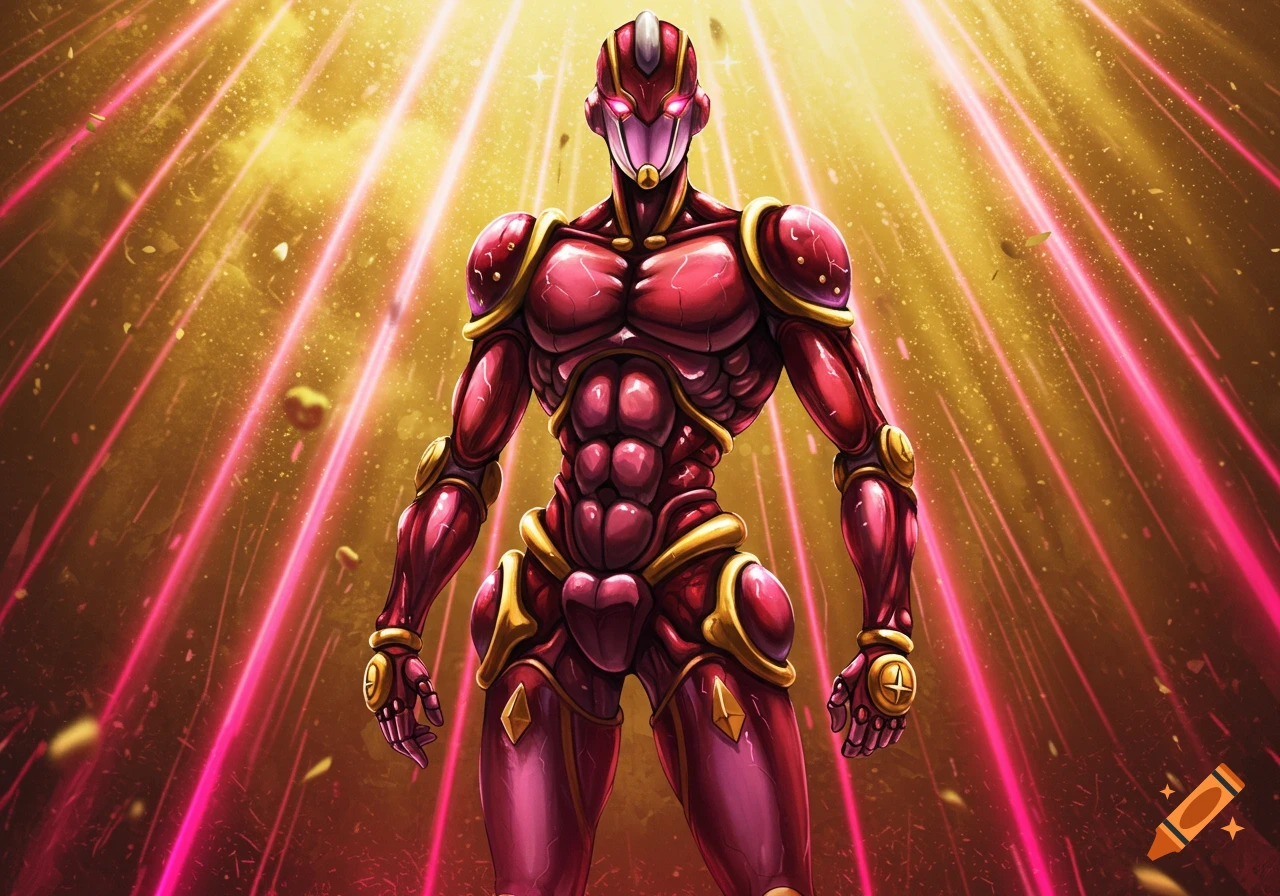 A muscular red and gold armored humanoid Jojo Stand stands amidst pink and yellow energy rays.