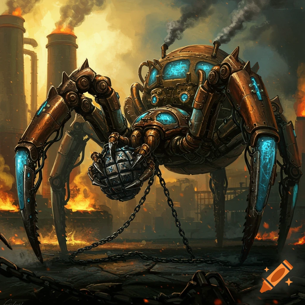 Intricate steampunk tarantula robot with glowing blue accents holds a chained grenade in a fiery industrial wasteland.