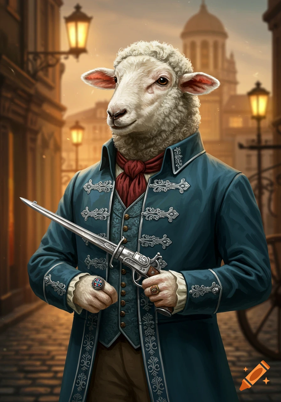 An anthropomorphic Romney sheep in a blue-green suit and crimson cravat holds a pistol-sword on a historic street at dusk. Detailed fantasy art.