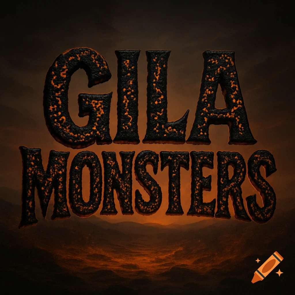 Stylized text 'GILA MONSTERS' in a menacing, black and orange lava-like texture against a dark, fiery background.