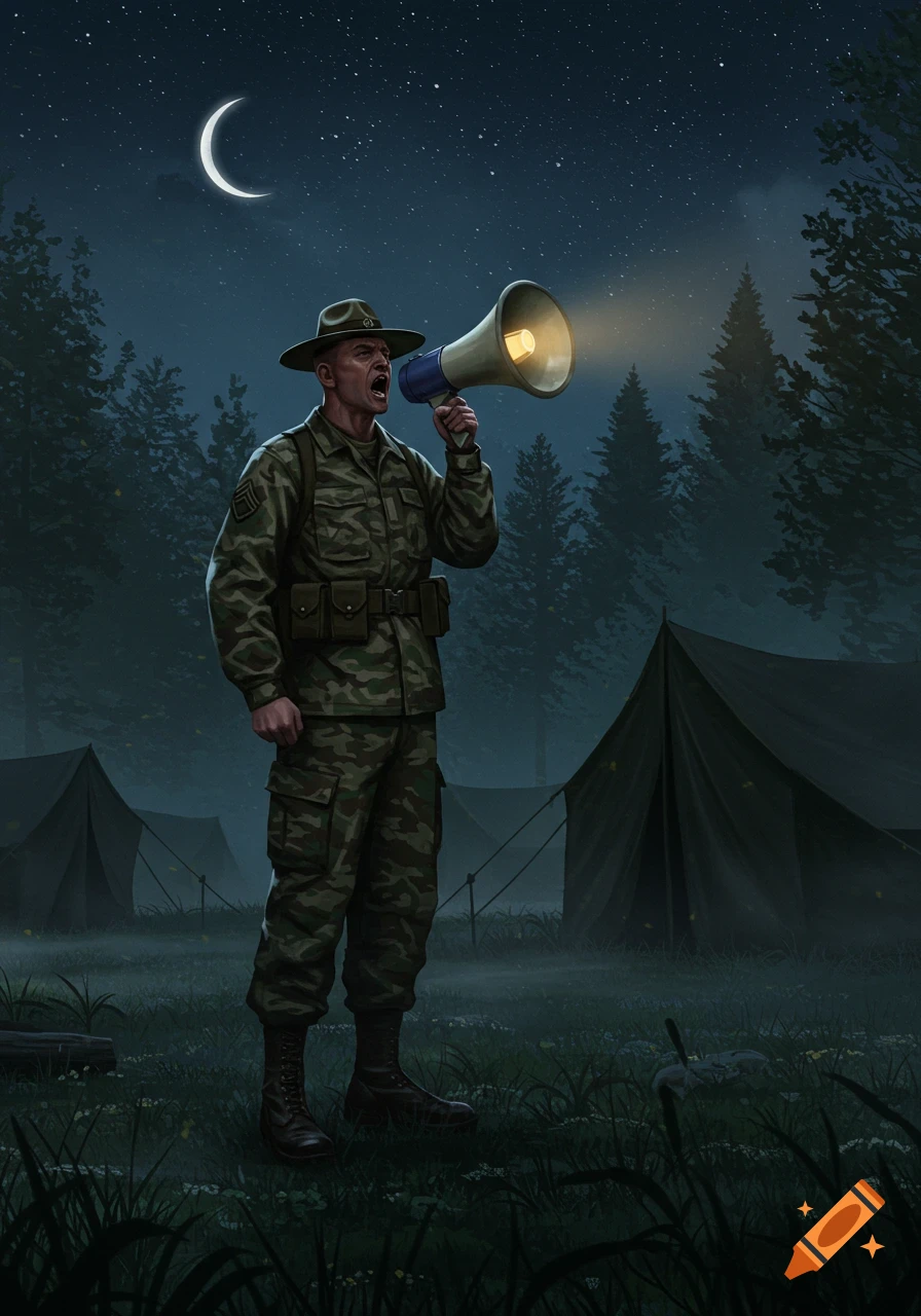 A digital art illustration of a military drill sergeant yelling into a megaphone in a misty forest camp at night under a crescent moon.