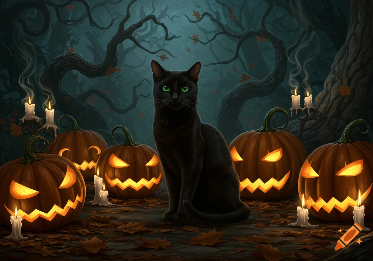 A black cat with glowing green eyes sits among lit jack-o'-lanterns and candles in a dark, spooky forest at night.