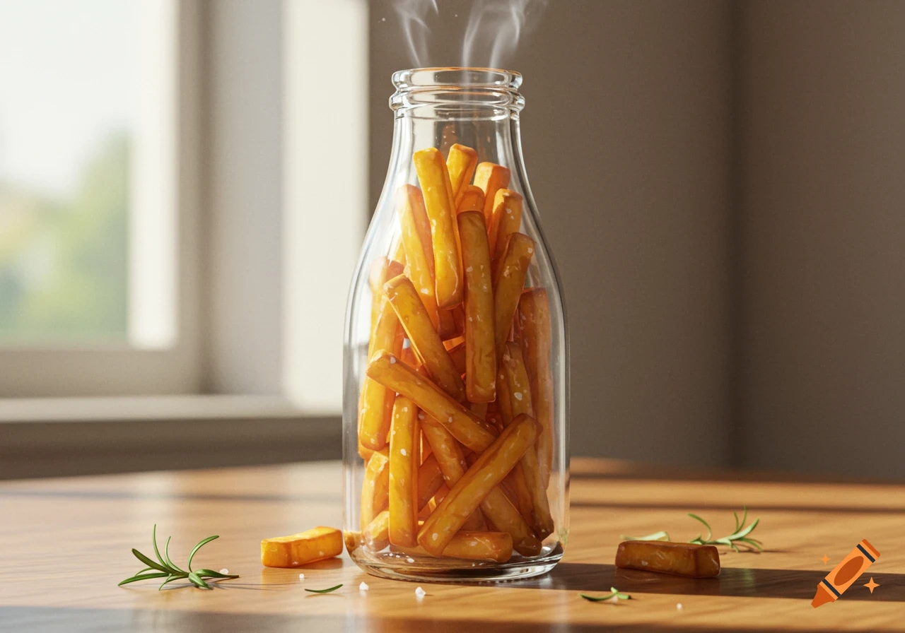 A clear glass bottle filled with golden, salted pretzel-like fries on a wooden table with rosemary, illuminated by sunlight.