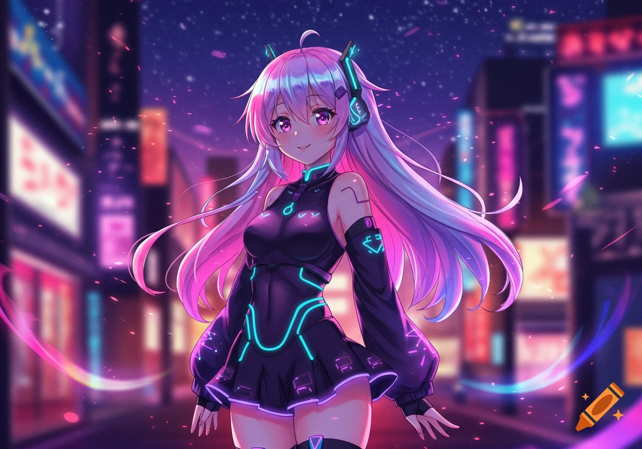 Anime girl with long pink hair and headphones, wearing a black outfit with neon blue lights, standing in a vibrant cyberpunk city at night.