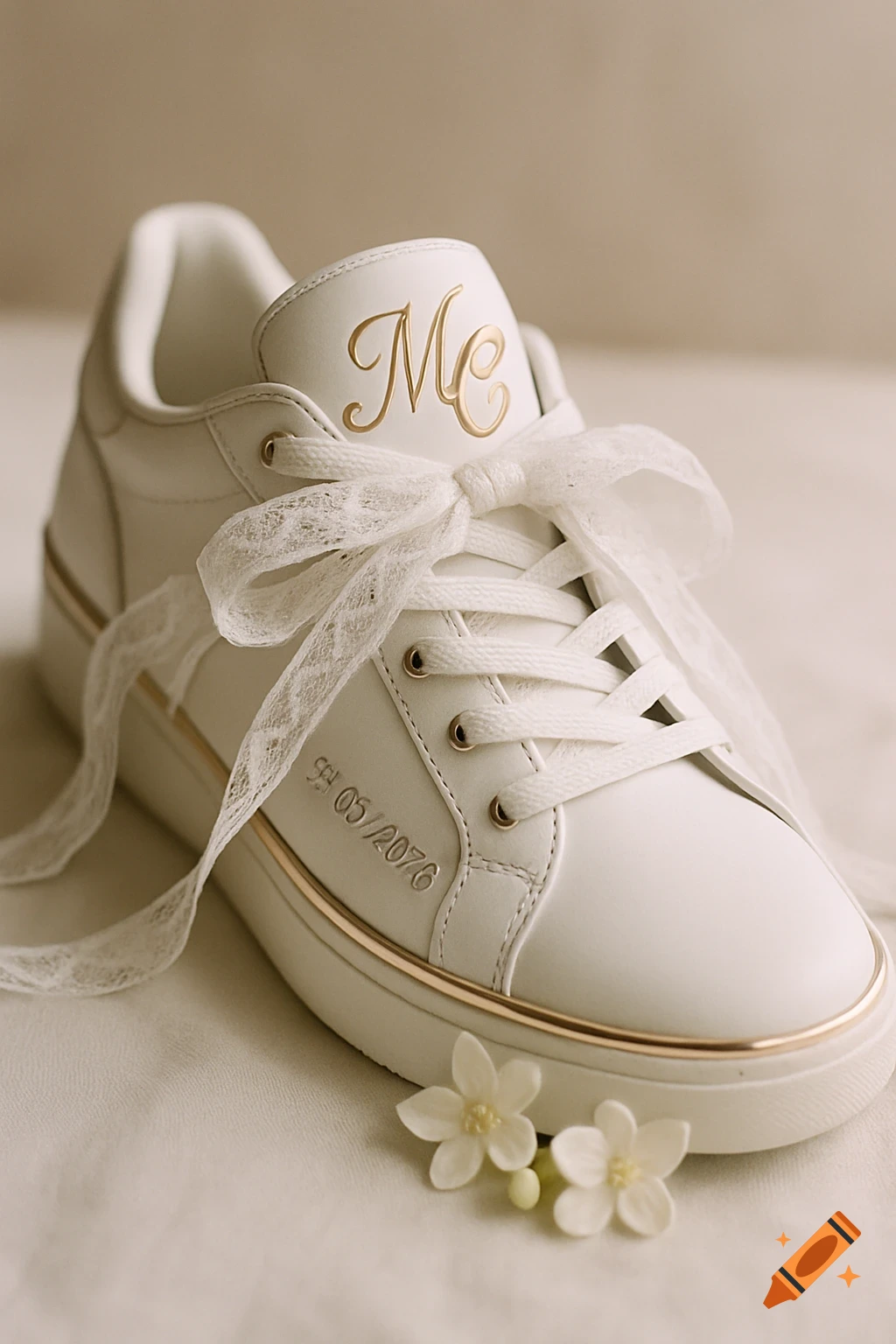 A white personalized sneaker with gold 'Mc' initials, a white lace bow, a gold stripe, and small white flowers. Photorealistic style.