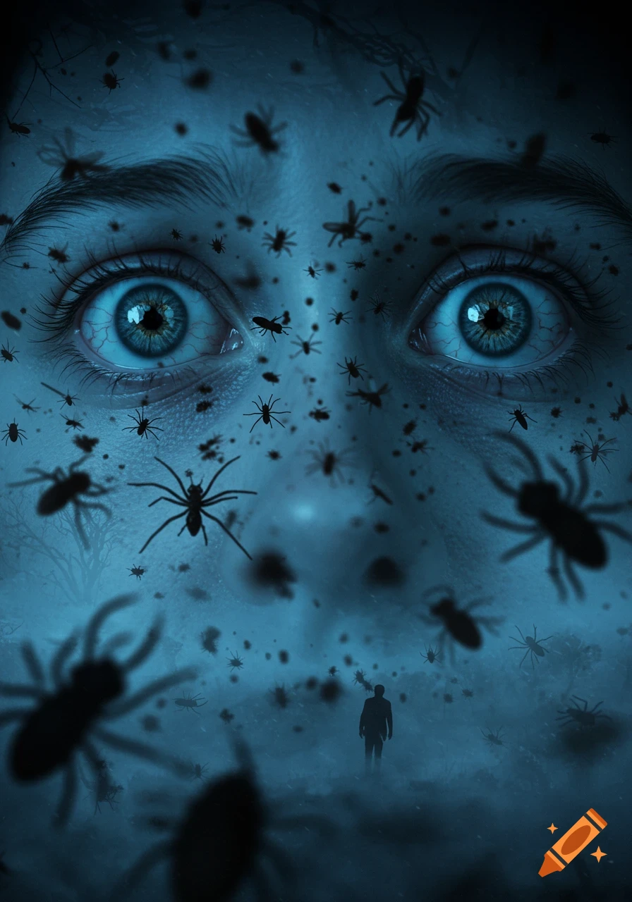 A close-up of wide, fearful eyes, with many dark insect silhouettes surrounding the face and a lone figure in a misty, insect-filled background.