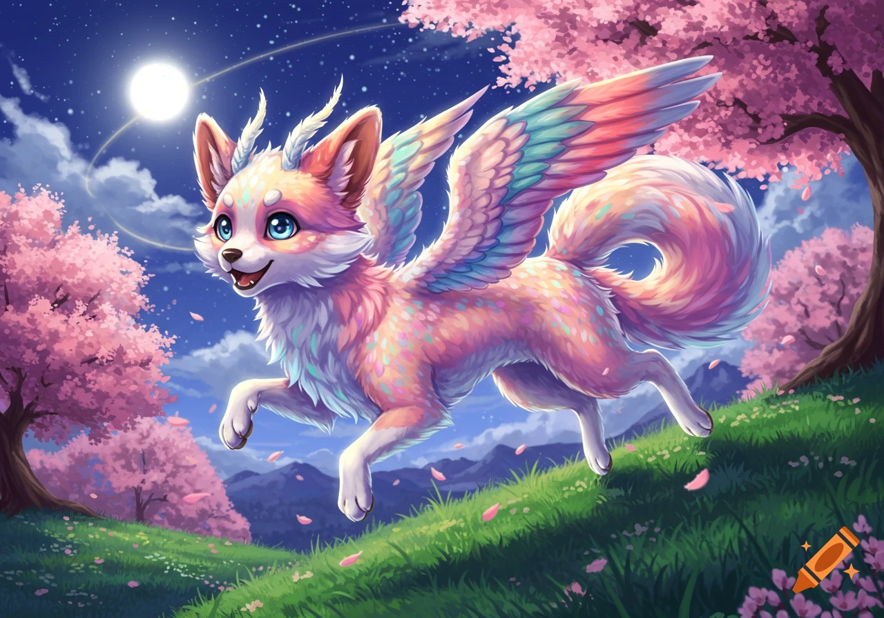A cute, colorful, winged dog-like fantasy creature with blue eyes leaps across a grassy hill under a starry night sky with pink cherry blossom trees.