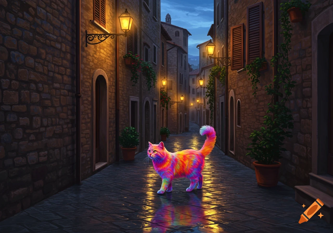 A vibrant rainbow cat walks on a wet, dark Italian street lined with old buildings and glowing lanterns.