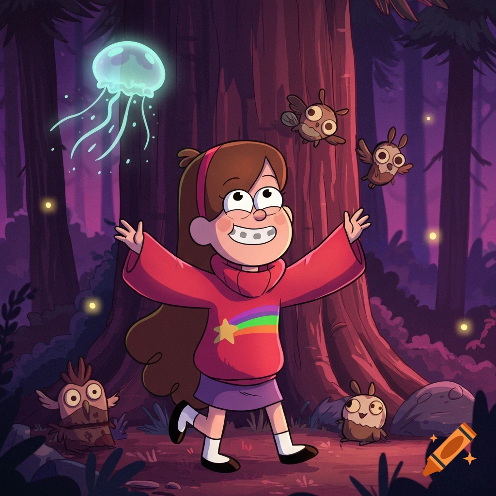 Mabel Pines with a big smile and braces, walks through a glowing purple forest with a jellyfish and owl-like creatures.